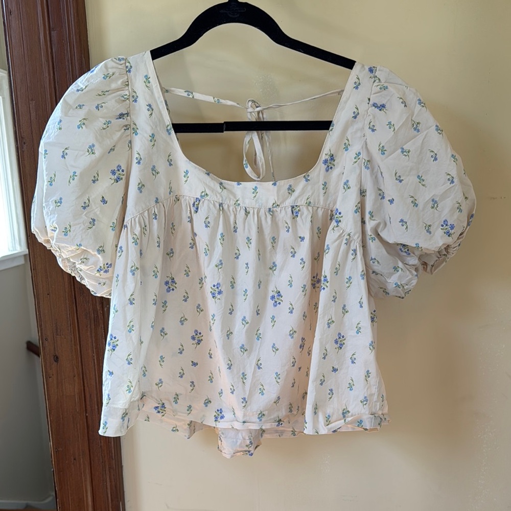 White and Pink Ruffled Smocked Blouse with Puff Sleeves
